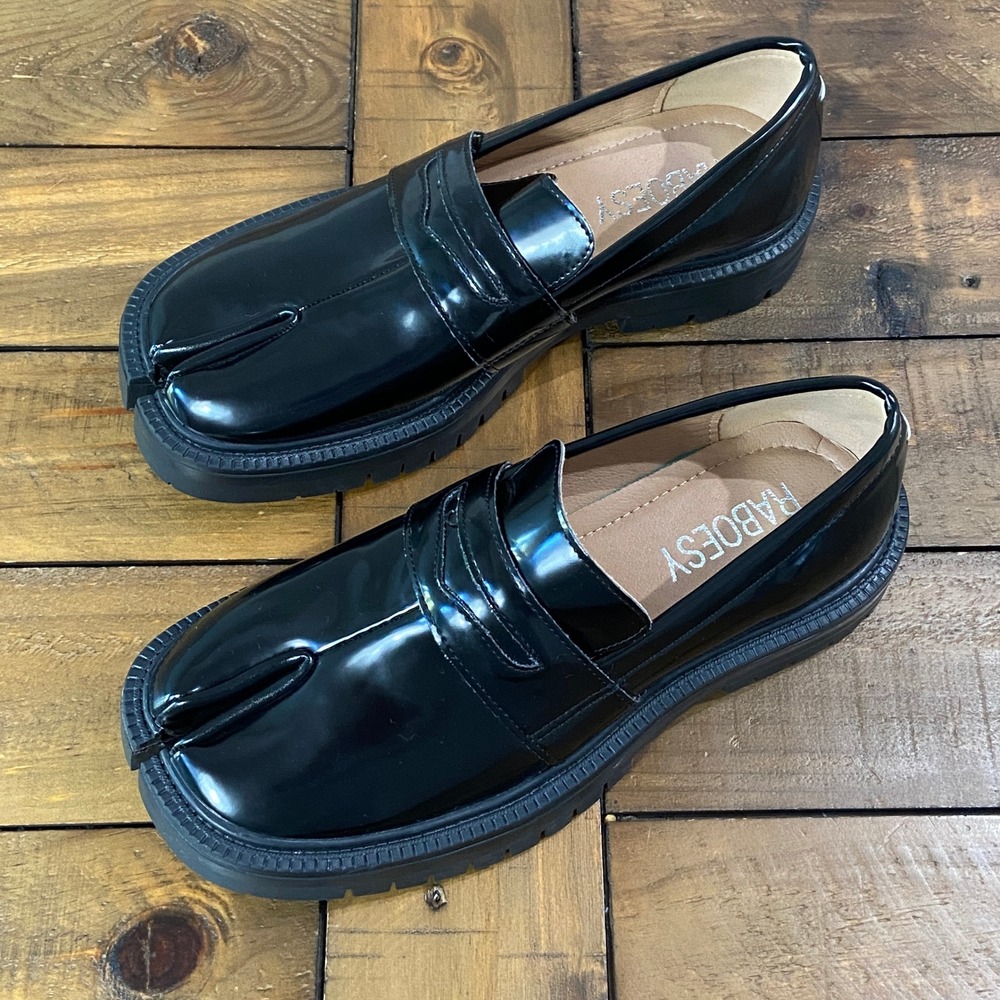 Raboesy Black Tabi Loafers Split Toe Chunky Platform Thick Heel Shoes EU 38